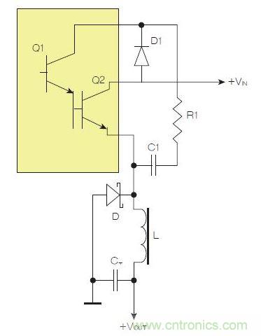 為了實現(xiàn)用兩個元器件提升電源轉(zhuǎn)換效率，芯片上應(yīng)有針對驅(qū)動器晶體管Q1集電極的單獨引腳。