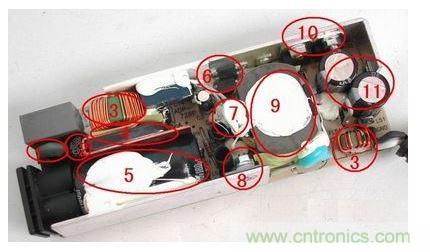 電源適配器的構(gòu)造  6 1. 壓敏電阻，其功能是當(dāng)外界電壓過高時，壓敏電阻阻值迅速變得很小，與壓敏電阻串聯(lián)的保險絲被熔斷，從而保護其他電路不被燒壞。  2. 保險絲，規(guī)格為2.5A/250V，當(dāng)電路中的電流過大時，保險絲會熔斷以保護其他元件。  3. 電感線圈(又稱扼流圈)，主要功能是降低電磁干擾。  4. 整流橋，規(guī)格為D3SB，作用是把220V交流電變?yōu)橹绷麟姟? 5. 濾波電容，規(guī)格為180&mu;F/400V，作用是濾除直流電中的交流紋波，使電路工作更可靠。  6. 運放IC(集成電路)，保護電路、電壓調(diào)節(jié)的重要組成部分。  7. 溫度探頭，用于探測電源適配器的內(nèi)部溫度，當(dāng)溫度高于某一設(shè)定值時(不同品牌的電源適配器，其設(shè)定的溫度閥值略有不同)，保護電路會切斷適配器的電壓輸出，從而保護適配器不受損壞。   8. 大功率開關(guān)管，是開關(guān)電源中的核心元件之一，開關(guān)電源能&ldquo;一開一關(guān)&rdquo;地工作，開關(guān)管功不可沒。   9. 開關(guān)變壓器，開關(guān)電源中的核心元件之一。   10. 次級整流管，功能是把低壓交流電變?yōu)榈蛪褐绷麟?。在IBM的電源適配器中，整流管往往是由兩個大功率并聯(lián)工作的，以獲得較大的電流輸出。   11. 次級濾波電容，規(guī)格為820&mu;F/ 25V，共有兩個，起濾除低壓直流電中的紋波的作用。  除上述元件外，電路板上還有可調(diào)電位器及其他阻容元件。