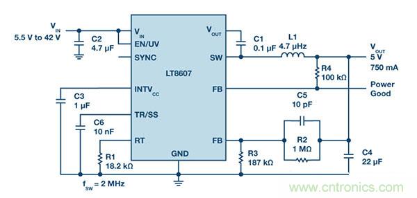 具2.5 &mu;A靜態(tài)電流和超低EMI的42 V單片式同步降壓型穩(wěn)壓器